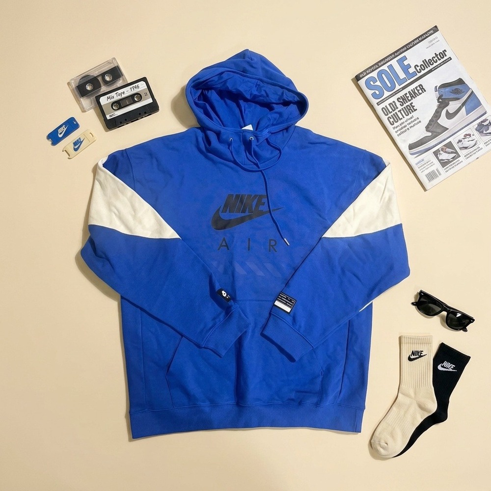 Nike Air Men's Large Blue White Heavyweight Fleece Pullover Hoodie NWT HJ0273